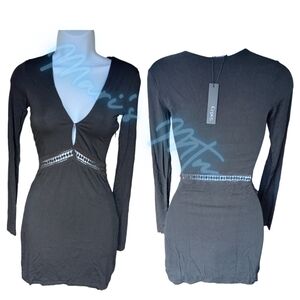 Gypsy 05 Solid Black Crochet Detail  Plunging V-Neck Long Sleeve Dress XS